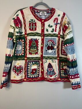 Tiara Women's Red & Cream Holiday Patchwork Cardigan Sweater